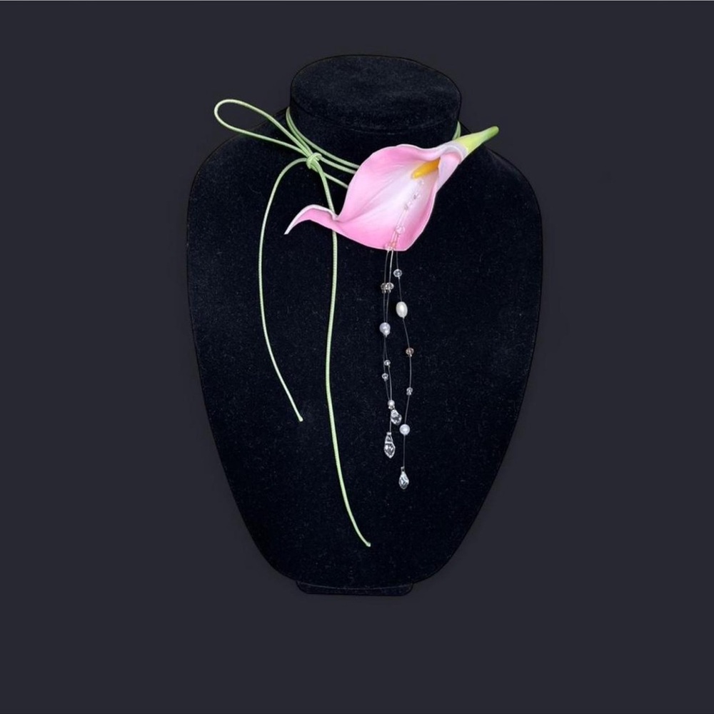 Pink Calla Lily Pendant Necklace with Delicate Beads